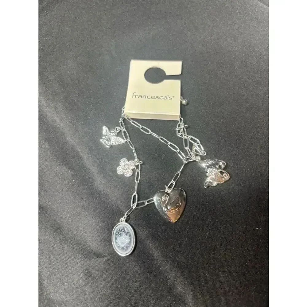 New Francesca’s Collections Silver Charm Bracelet with Heart Swan & Floral Charm